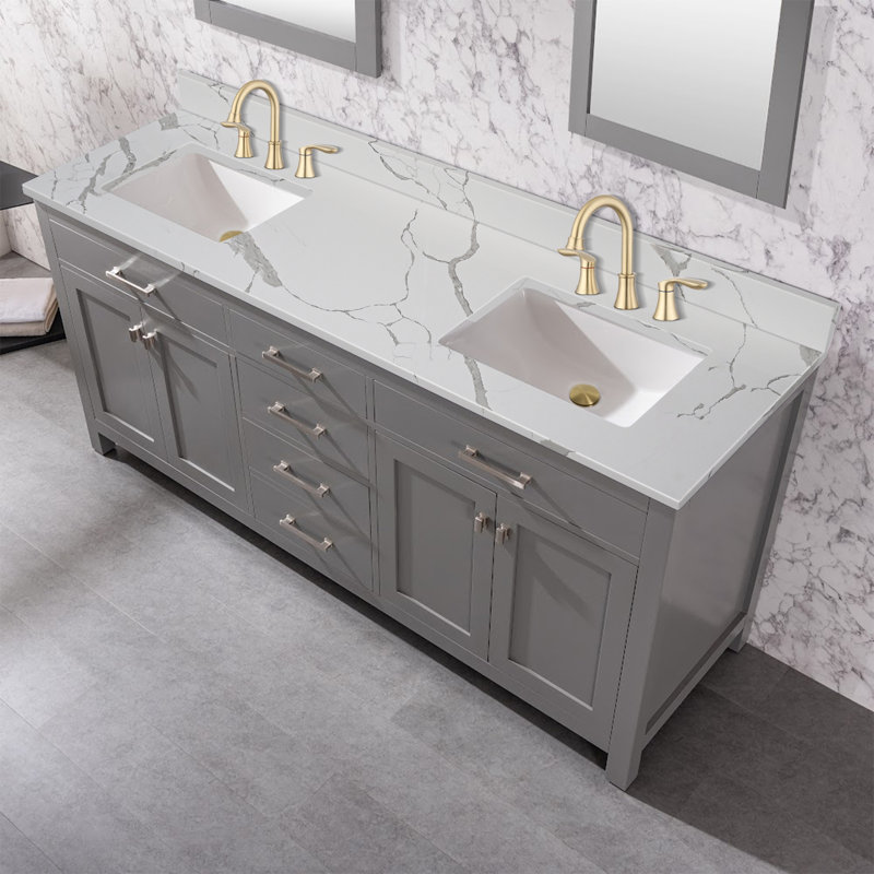Bohuang 72'' Quartz Double Bathroom Vanity Top Sink And Drain Assembly ...